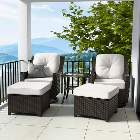 INTER HUT Stone Creek Patio Outdoor 5 Piece Wicker Conversation Swivel Chairs Set Ottomans Side Table Beige Cushions