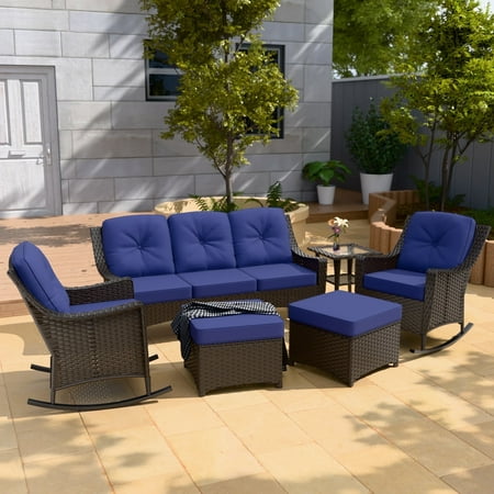 INTER HUT Stone Creek Patio Outdoor 6 Piece Wicker Rocking Chair Set 3-seat sofa Ottomans Side Table Blue Cushions
