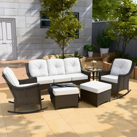 INTER HUT Stone Creek Patio Outdoor 6 Piece Wicker Rocking Chair Set 3-seat sofa Ottomans Side Table Beige Cushions