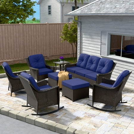 INTER HUT Stone Creek Patio Outdoor 8 Piece Wicker Rocking Chair Set 3-seat sofa Single Chair Side Table Ottomans Blue Cushions