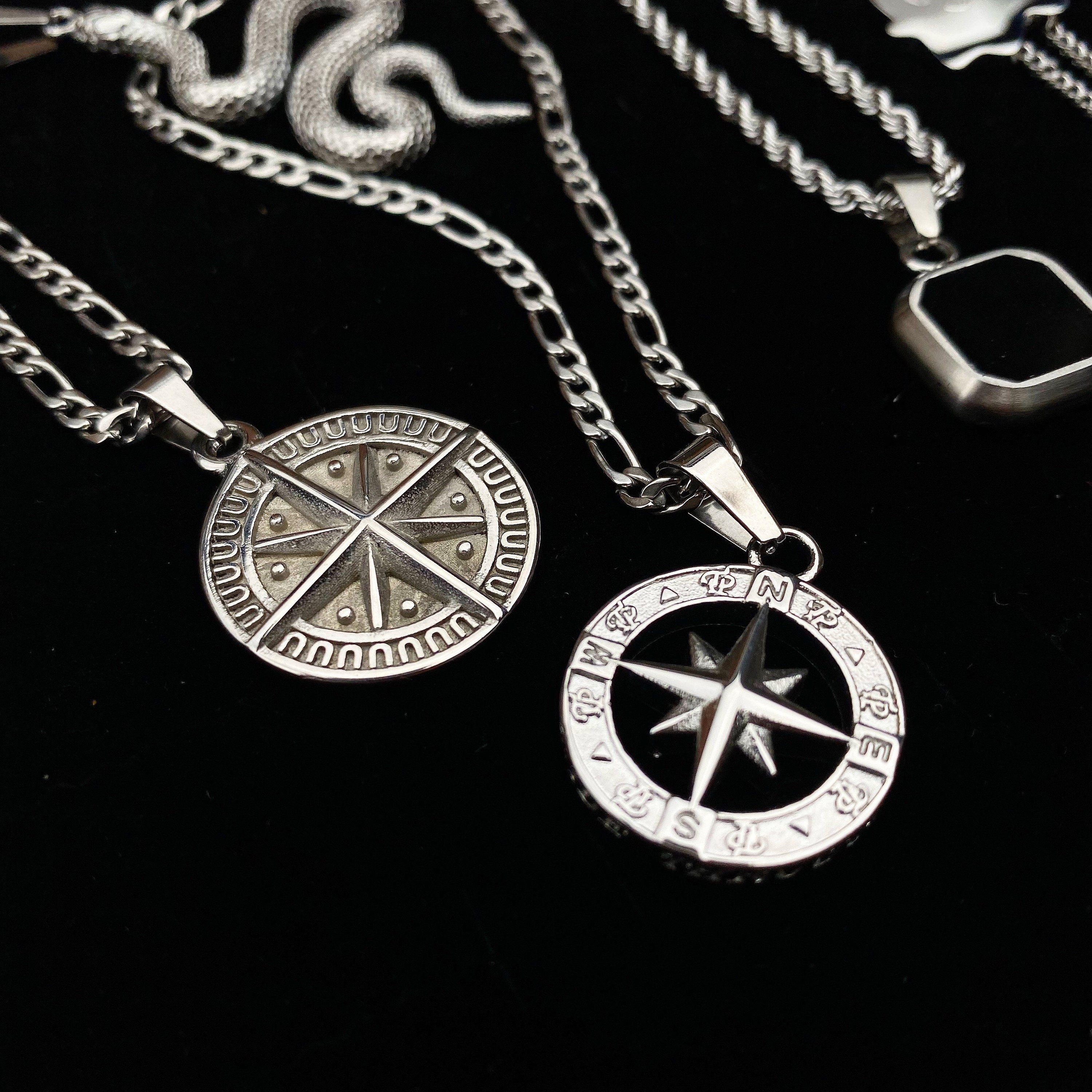 Collana da uomo, collana con bussola in argento per uomo, ciondolo stella polare in acciaio inossidabile, catena in argento, gioielli da uomo con cion