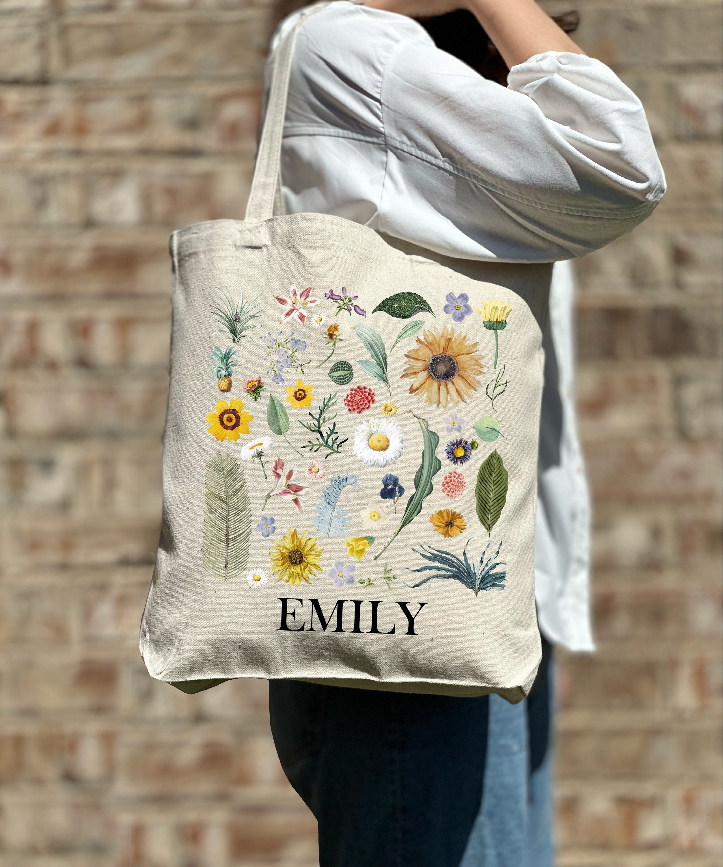 Borsa tote personalizzata con fiori selvatici, borsa tote regalo personalizzata, borsa tote regalo di compleanno, graziosa borsa tote floreale, borsa