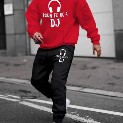 TEMU Born To Be A Dj Print Men's New Autumn And Winter Hoodie & Casual Trousers Co Ord Set, Fashionable 2pcs Outfits For & Outdoor Activities Image