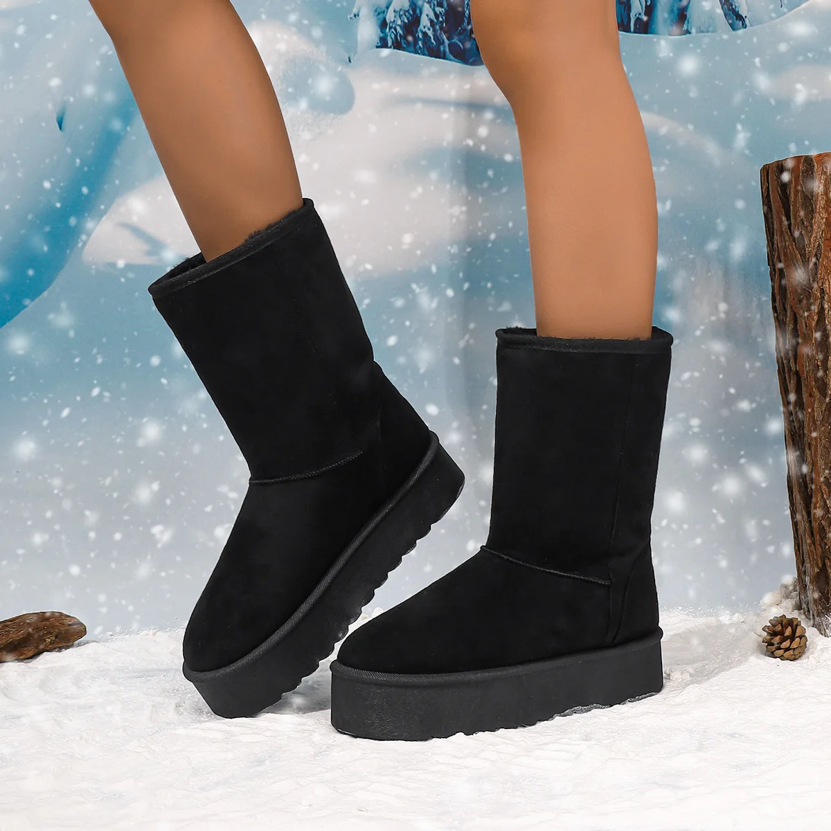Schwarze Schneestiefel für Damen im Winter, mit Fleece gefütterte und verdickte Baumwollschuhe, modische und warme All-In-One-Hohe Stiefel aus Fell Image