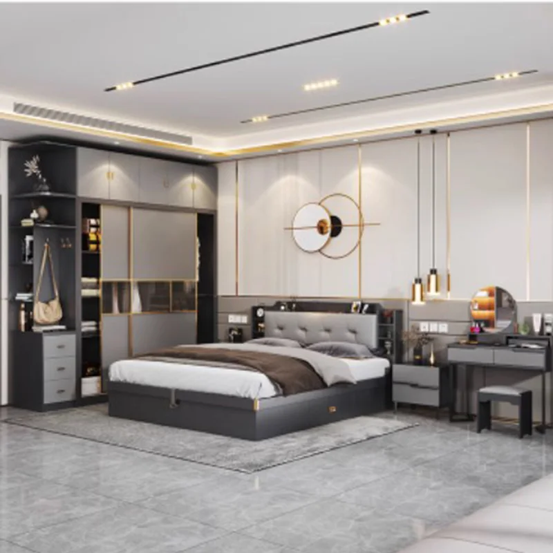 Minimalistisches, modernes komplettes Schlafzimmer-Set, Design-Kommode, bequemer Stauraum, Doppelbett-Schlafzimmer-Set, elegante schwarze Letto Matrimoniale-Möbel Image