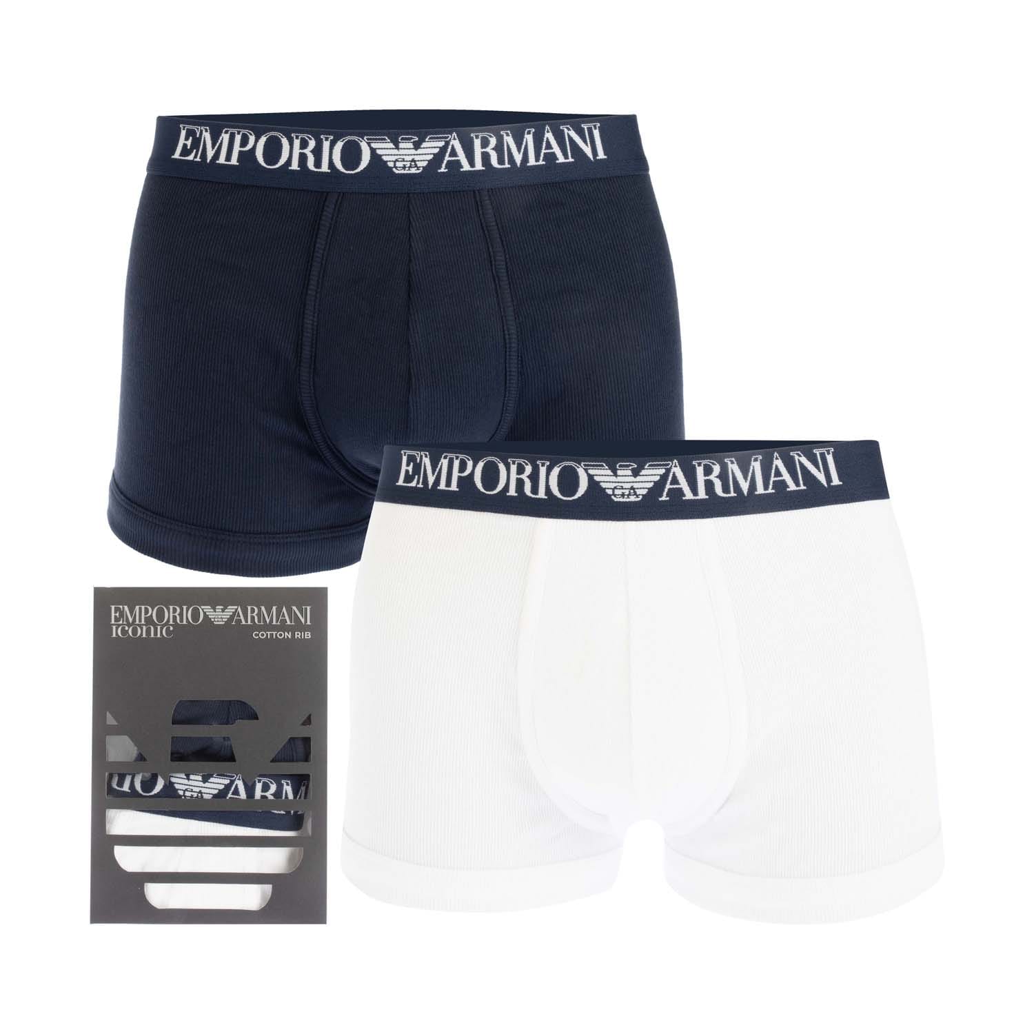 Emporio Armani Mens 2 Pack Ribbed Cotton Boxer Briefs in Navy-white - Size Large | Emporio Armani Sale | Discount Designer Brands