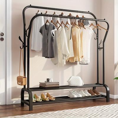 TEMU Sturdy Metal Folding Clothes Rack With Double Hanging Rail & Shoe Shelves - Easy , Minimalist For Bedroom, Bathroom, Or Lounge, Clothes Organizer Storage Image