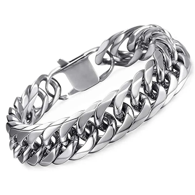 Edelstahl Box Lock Silber Farbe Cuban Link Kette Armband Für Männer Schmuck Hand Kette Hip Hop Punk Zubehör 8/10/12/14MM