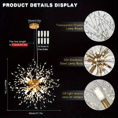 TEMU Modern Crystal Gold Chandelier Fireworks Dandelion Chandelier Chandelier For Dining Room, Bedroom, Kitchen, Living Lights, Gold, Home Decoration, Bulb Included.