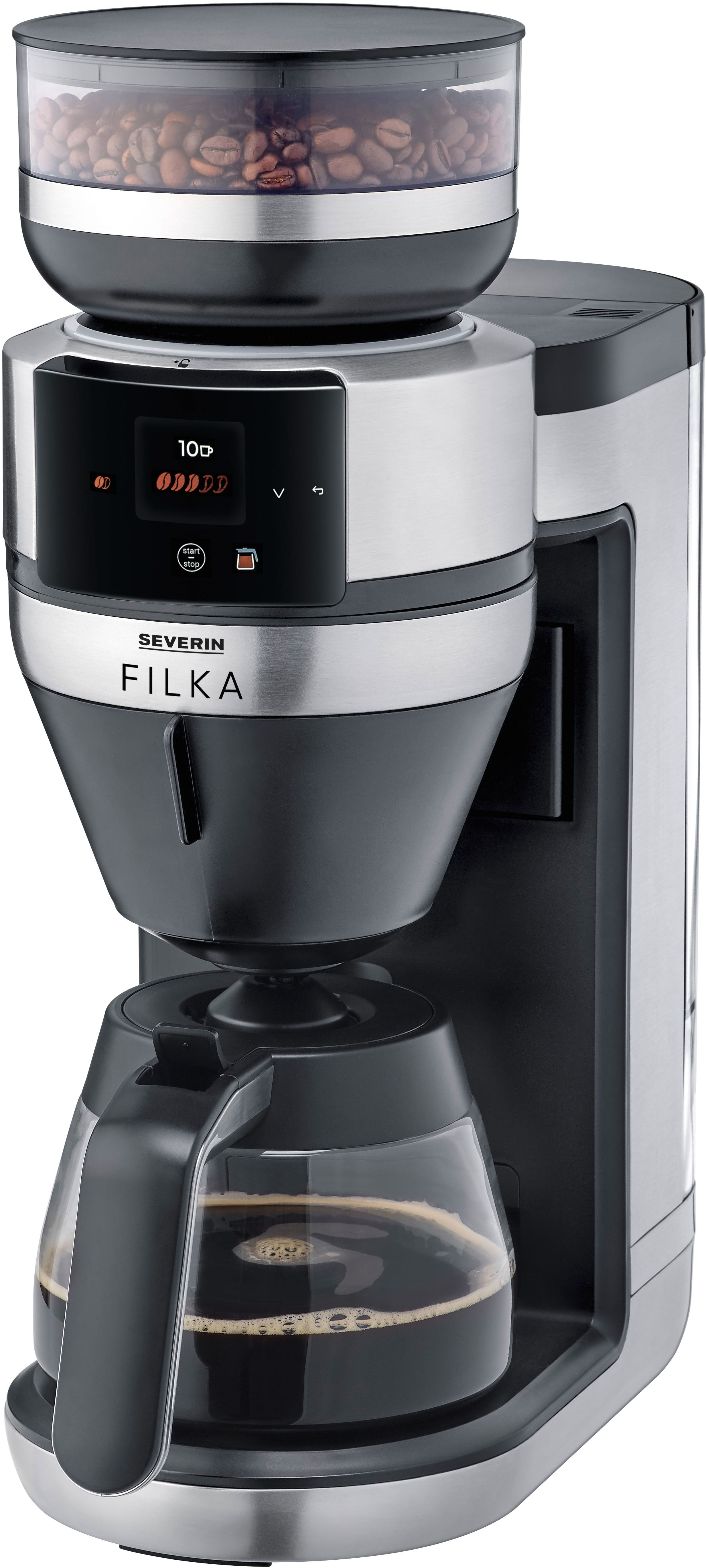 SEVERIN Kaffeemaschine mit Mahlwerk "KA 4852 FILKA (2. Generation), Filterkaffee-Vollautomat", schwarz (gebürstet, matt, schwarz, silber), 1 l, 10, Kaffeemaschinen, mit Glaskanne Image
