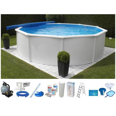 Rundpool KWAD "SUPREME weiß mit Sicherheitsleiter und Zubehör", weiß, H:132cm Ø:550cm, Schwimmbecken, inkl. Bodenisolation & Wasserpflege-Set, versch. Größen