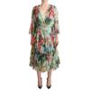Dolce & Gabbana Damen Grünes Floral Langarm V-Ausschnitt Midi-Kleid