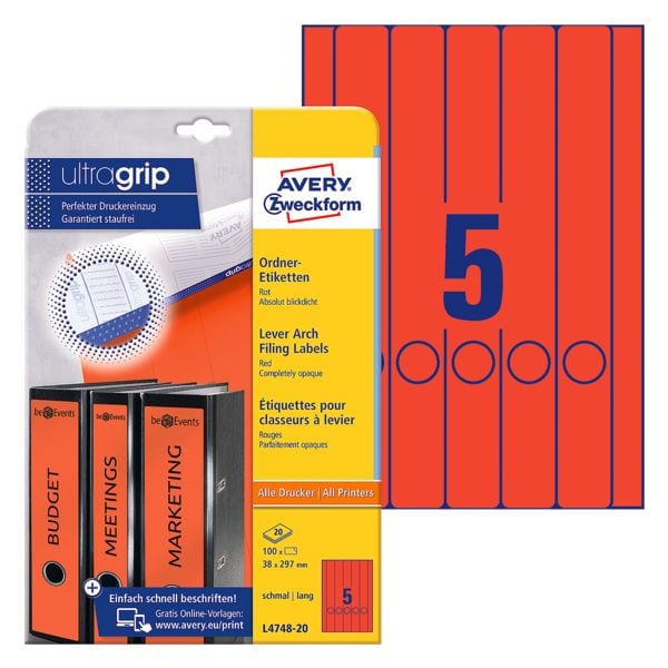 Avery Zweckform 20% AKTION: Selbstklebende Ordnerrücken-Etiketten rot, 5 cm Image