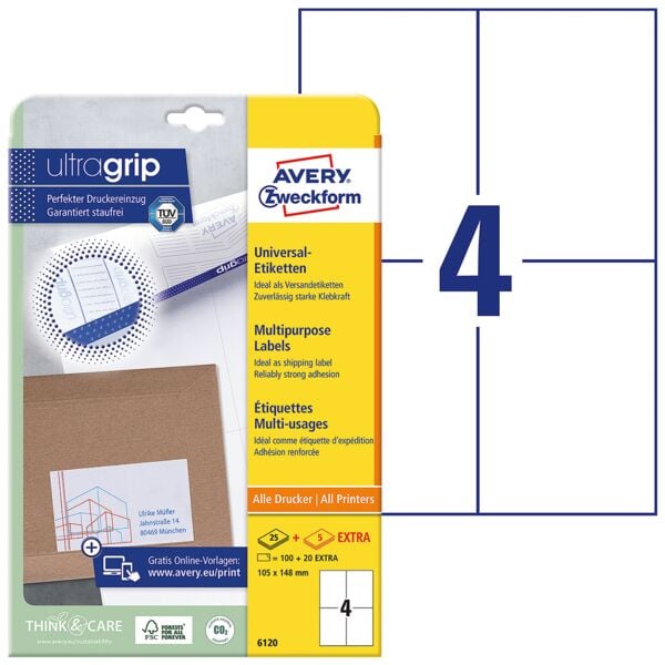 Avery Zweckform Universaletiketten DIN A6 permanent weiß 105x148 mm 120 Stück 6120 mit ultragrip Image