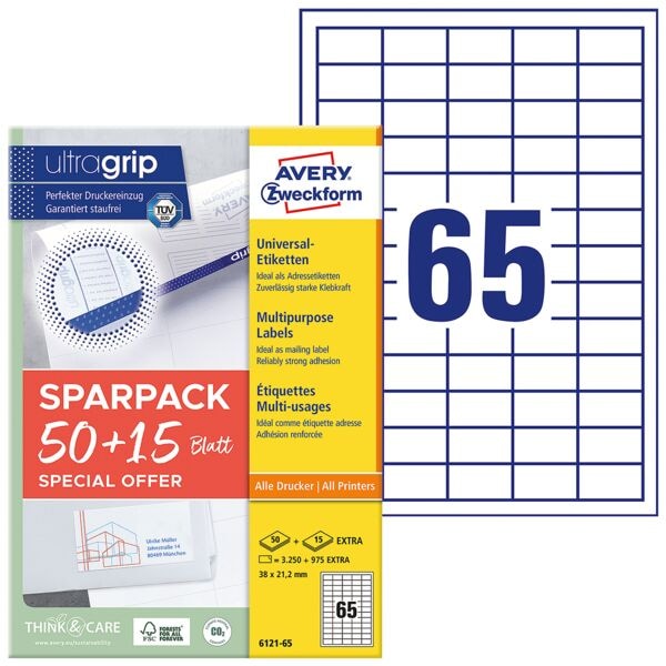 Avery Zweckform Universaletiketten permanent weiß 38x21,2 mm 4225 Stück 6121-65 Image