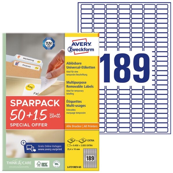 Avery Zweckform Universal-Etiketten wiederablösbar weiß 25,4x10 mm 12285 Stück L4731REV-65 weiß Image