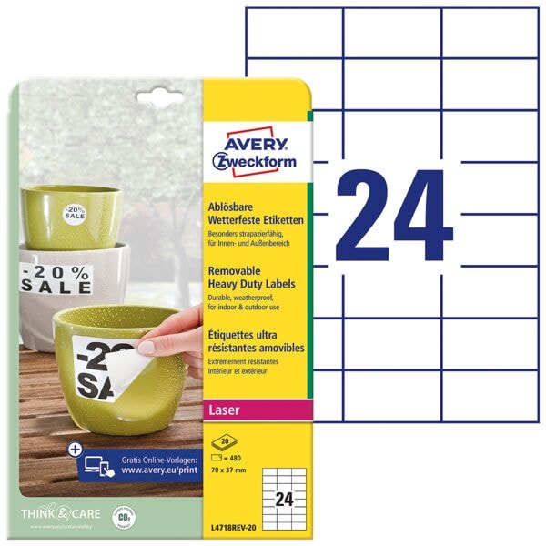 Avery Zweckform 480 Wetterfeste Etiketten - 70x37 mm »L4718REV-20« weiß Image