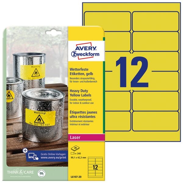 Avery Zweckform 240 gelbe wetterfeste Folien-Etiketten 99,1 x 42,3 mm »« gelb Image