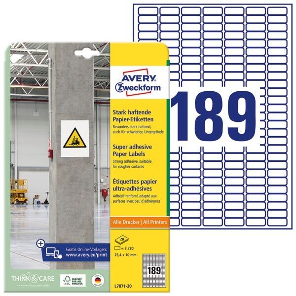 Avery Zweckform 3.780 Papier-Etiketten stark haftend - 25,4 x 10 mm weiß Image