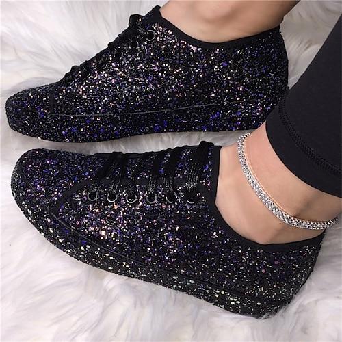 Damen Sneaker Bling Bling Fantasy-Schuhe Funkelnde Schuhe Outdoor Täglich Paillette Flacher Absatz Runde Zehe Mode Sportlich Lässig Glitzernd PU Schnürung Silber Schwarz