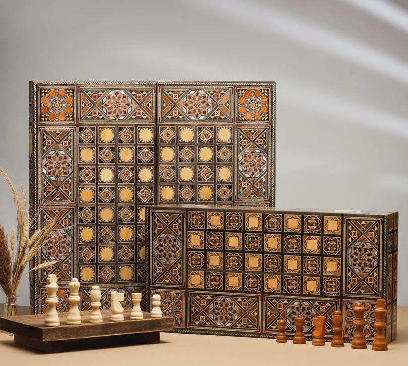 Scacchiera da backgammon di lusso, set di scacchi e backgammon HQ, backgammon in legno massello da 16 pollici, scacchiera fatta a mano con intarsi in
