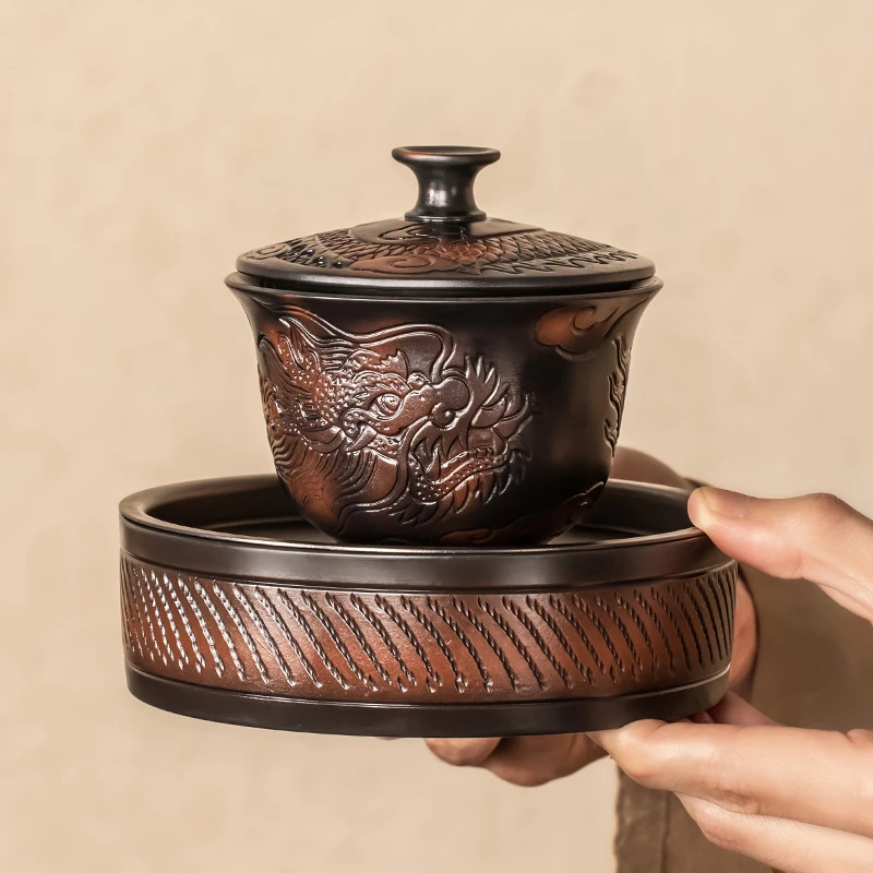 Jianshui Lila Keramik Gaiwan Drache Handgemachte Haushalt Kung Fu Tee-Set Tee Schüssel Tee Tasse Tee Maker Tee Zeremonie Tee Terrine Image