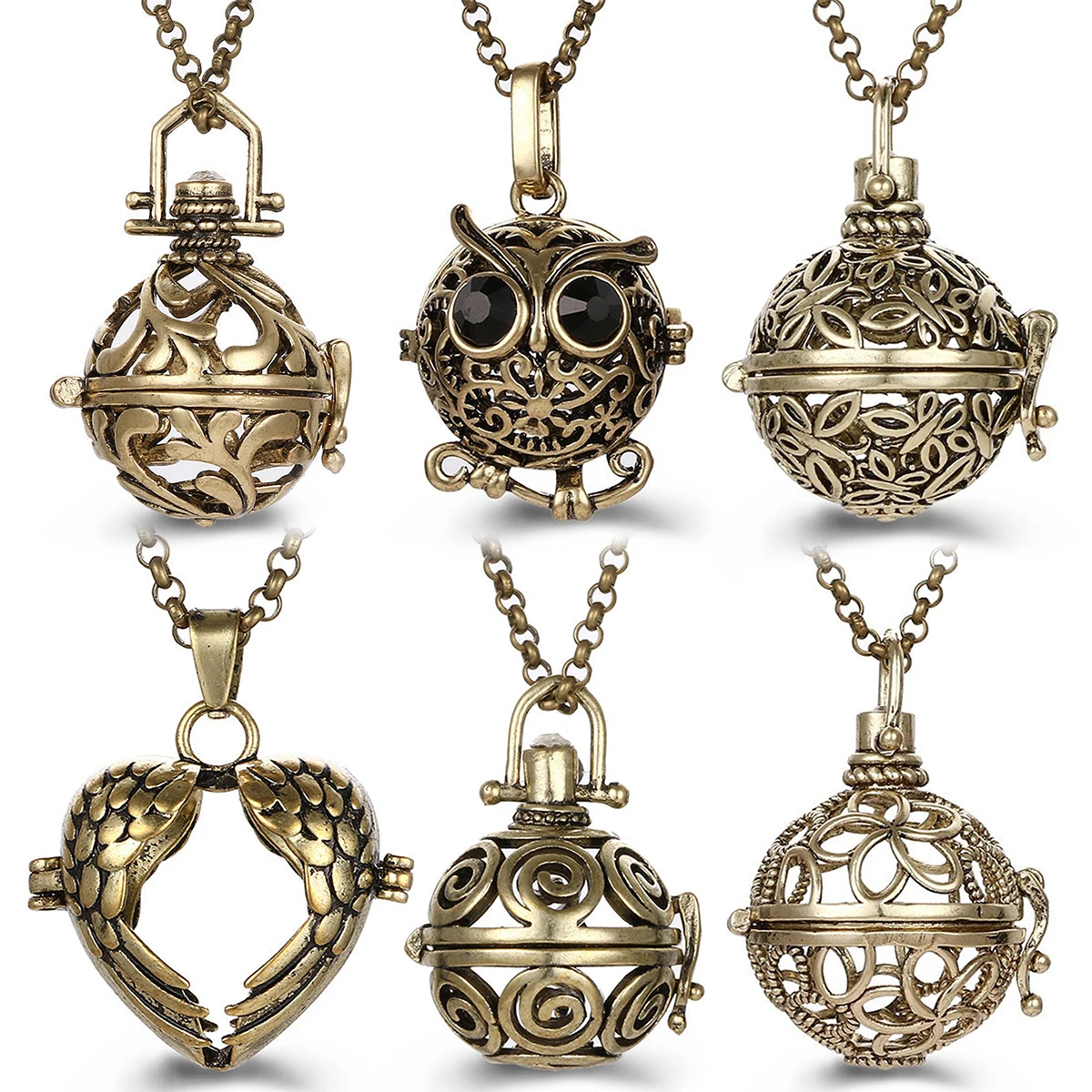 Mexiko Chime Vintage Eule Aromatherapie Käfig Anrufer Medaillon Halskette Engel Flügel Herz Form Diffusor Anhänger Frau Schmuck Image