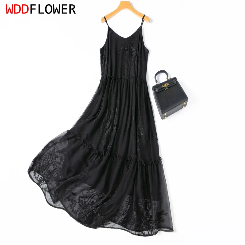 Frauen Hemd Kleid 100% Maul beers eide mit Futter Stickerei Spaghetti träger großen Saum Slip Sommers trand m l xl m1131