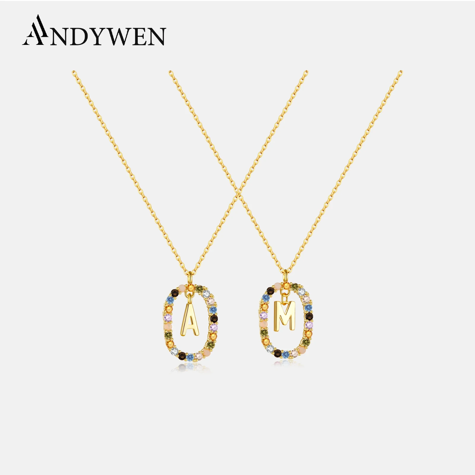 ANDYWEN Halskette mit Anhänger aus 925er-Sterlingsilber, Goldbuchstaben, M, Alphabet, 26 Initialen, lange Kette, Halsband mit Charme, luxuriöser edler Schmuck Image