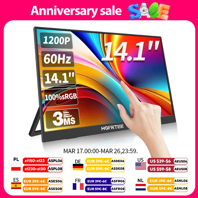 HGFRTEE 14,1 zoll Tragbare Monitor Touchscreen 400cd/m2 Laptop Zweite Bildschirm Display HDMI-Kompatibel Für Schalter PS4/5 Image
