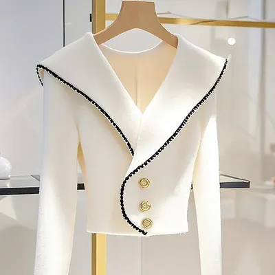 Luxury High-end White Knitted Cardigan Lapel Design Women Clothing Trends Autumn Korean Slim Short