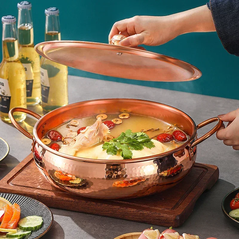 Handgefertigter Hot Pot aus reinem Kupfer mit zwei Mandarinenten-Design, Mehrzweck-Suppen- und Suppentopf für eine gleichmäßige Wärmeverteilung Image