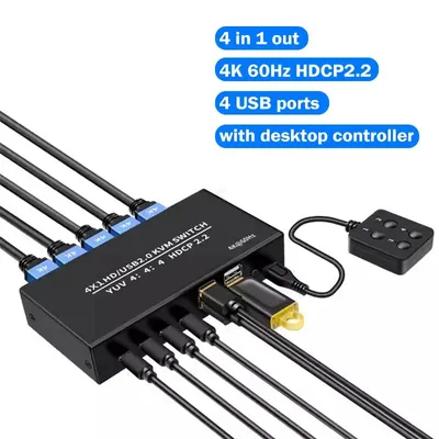 4 port HDMI KVM Switch 4 in 1 out 4K 60Hz HDMI USB Switch Selector with Desktop Controller for 4 PC Share Monitor Mouse Keyboard