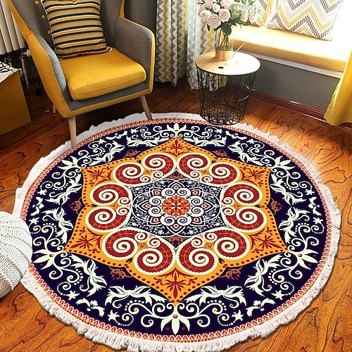 Runder Teppich mit Mandala-Quaste im Ethno-Stil, Wohnzimmer, Schlafzimmer, Couchtisch, Bodenmatte Image