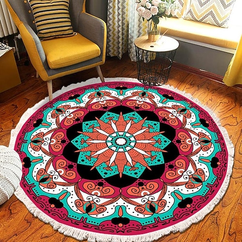 Runder Teppich mit Mandala-Quaste im Ethno-Stil, Wohnzimmer, Schlafzimmer, Couchtisch, Bodenmatte Image