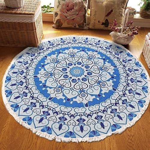 Runder Teppich mit Mandala-Quaste im Ethno-Stil, Wohnzimmer, Schlafzimmer, Couchtisch, Bodenmatte Image
