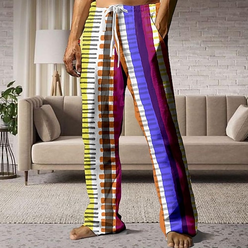 Herren Gestreift Hosen Hose Mittlere Taille Kordelzug Elastischer Bund Hawaiianisch Lässig Outdoor Ferien Strandbekleidung Gerade Hosen Sommer Frühling Herbst 3D-Druck Hellblau Blau Orange Image