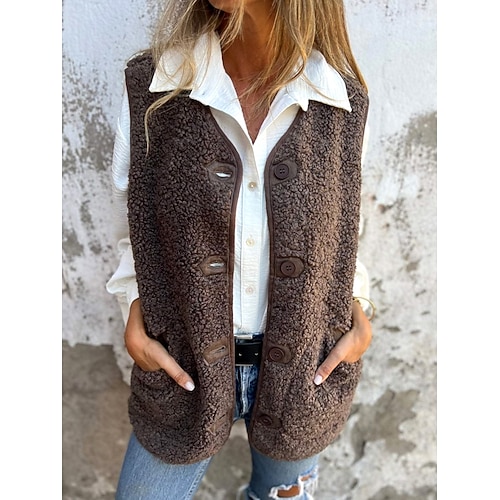 Per donna Gilet Esterno Strada Giornaliero Autunno Inverno Standard Cappotto Standard Tenere al caldo Traspirante Contemporaneo Moda Giacca Senza maniche Tinta unica Con tasche Nero Rosso Caffè