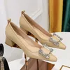 Bigtree Western Style Mode Party Pumps bequeme 4,5 cm Block High Heels flache Metall Kristall Schnalle Dame Schuhe schwarz nackt