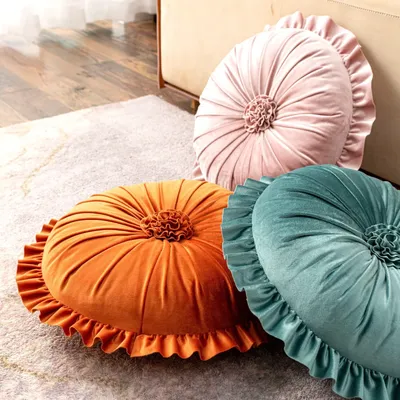 Ins Dutch Velvet Rüschenblume, rundes Dekokissen für Couch, dekorativer Sitz/Rückenkissen für Sofa, Image