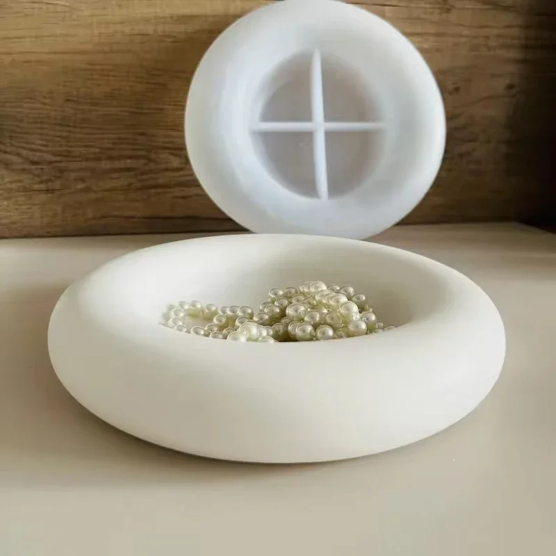 Große Runde Tablett Zement Silikon Form Schmuck Ablage Gips Display Platte Formen Kerze Schüssel Epoxidharz Formen Wohnkultur Image