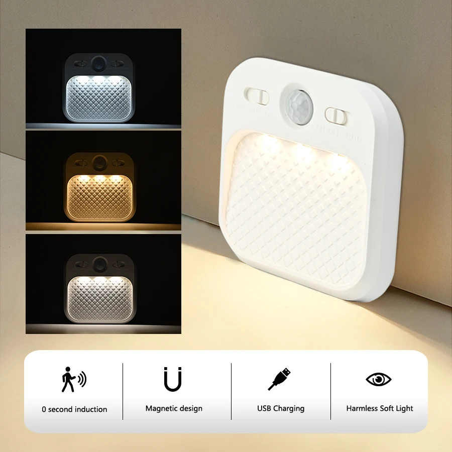 Bewegungsmelder-LED-Schrankleuchte Typ C, quadratische Ladelampe, 3 Farben, dimmbares Nachtlicht für Schlafzimmer, Flur, Schrankbeleuchtung