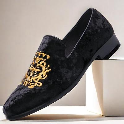 Men's Elegant and Sophisticated Burgundy Velvet Loafers with Embroidered Design - Perfect for Weddings or Special Events