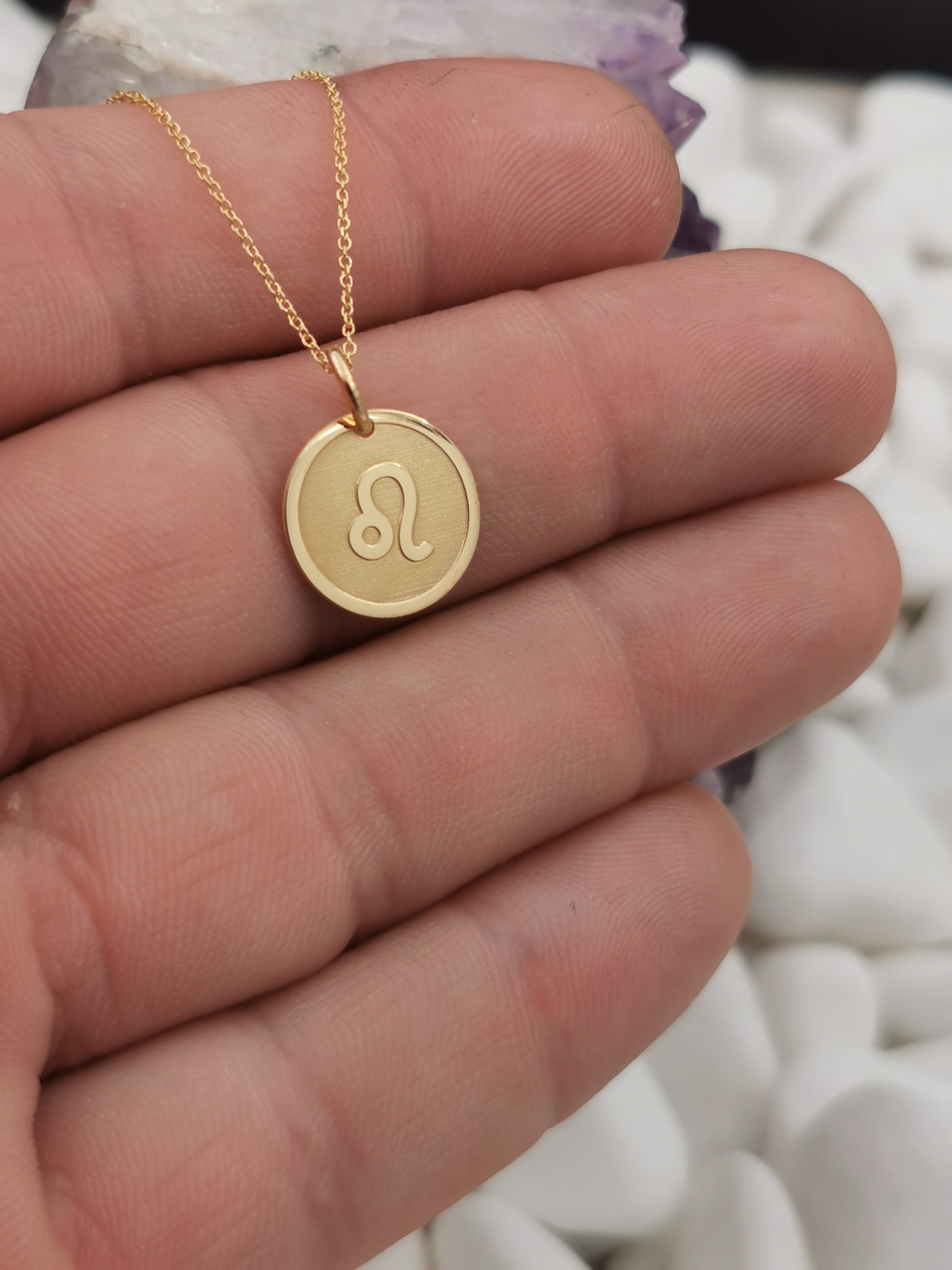 Delicata collana con segno zodiacale Leone in oro massiccio 14 carati, ciondolo con simbolo Leone, segno zodiacale in oro massiccio, ciondolo personal