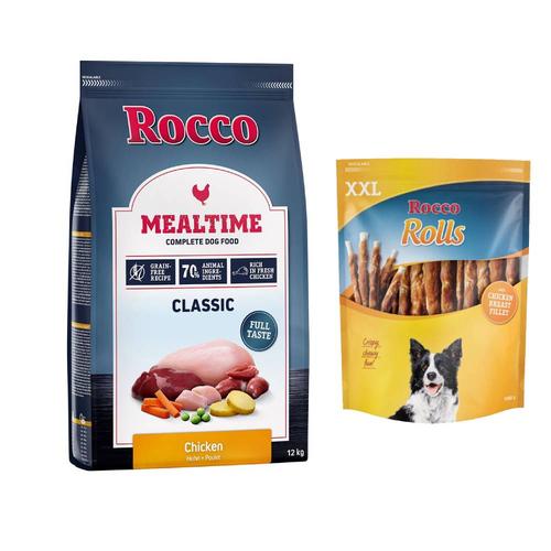 Rocco Kombi-Paket: 12 kg Mealtime Trockenfutter + 3 x 1 kg Rolls XXL Pack - Huhn + Hühnerbrust