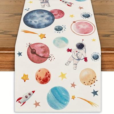 TEMU 1pc, Linen First Trip Around The Sun Decorations Space Table Runner Sun Space Themed Party Decorations Space Table Cover Star Decor Space Decorations For Home Party 13x48/13x72/13x108/inch Image