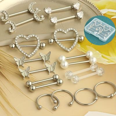 TEMU 18pcs 14g Rings For Women Steel Piercing Cz Heart Barbell Rings Set Cute Body Piercing Jewelry With Gift Box Image