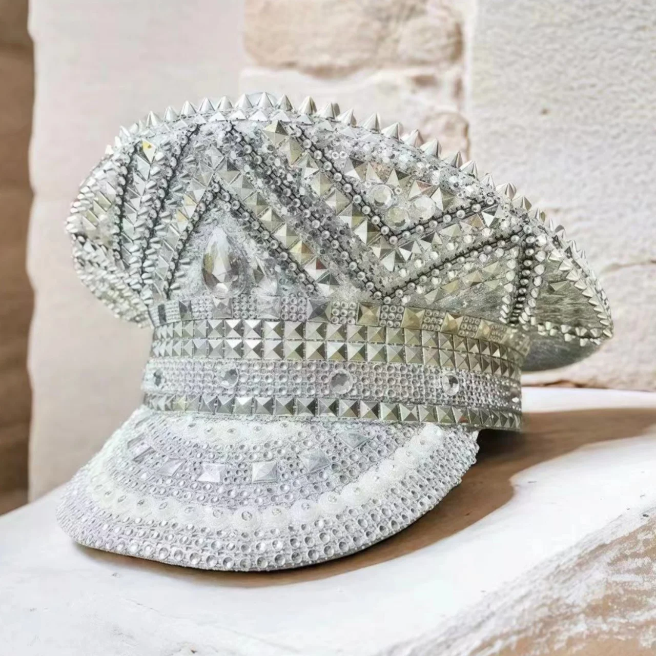 Beige Luxus Festival Kapitän Hut Unisex Erwachsene Maskerade Militär Kappe Strass Steampunk Sergeant Hut Musik Festival Cosplay Image