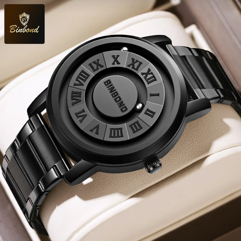 BINBOND Herren-Quarzuhr, modisch, Persönlichkeit, kreativ, Scrollen, Eisenkugel, magnetischer Zeiger, wasserdicht, für Herren, Quarzuhren Image
