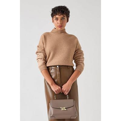 Everly Brown Wool Blend Utility Elbow Patch Rib Sweater, Brown